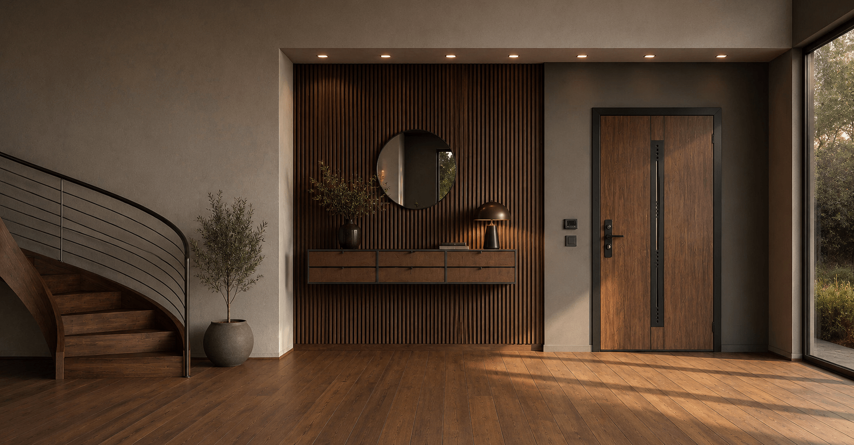Puerta de acceso de madera natural de diseño contemporáneo en un hall de entrada elegante, con revestimientos de madera, iluminación cálida y acabados premium fabricados a medida por Madera & Diseño.