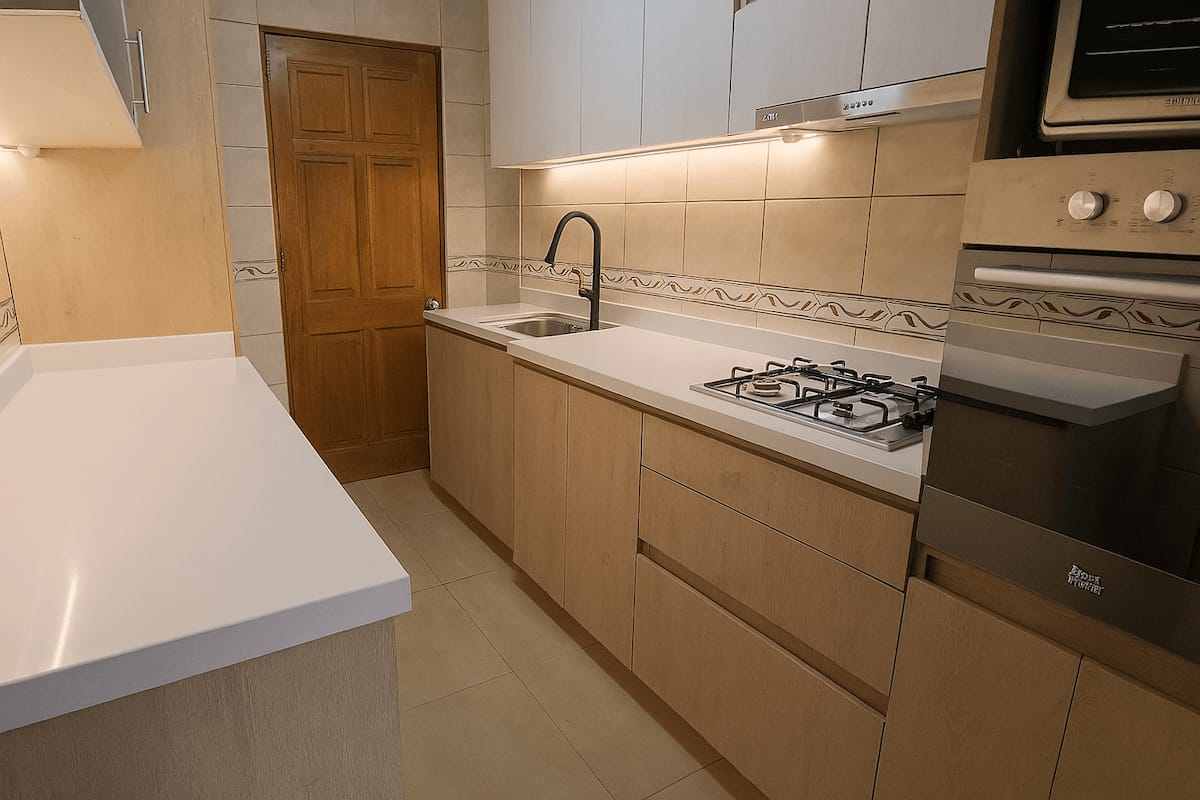 Cocina con muebles de madera clara y cubierta blanca